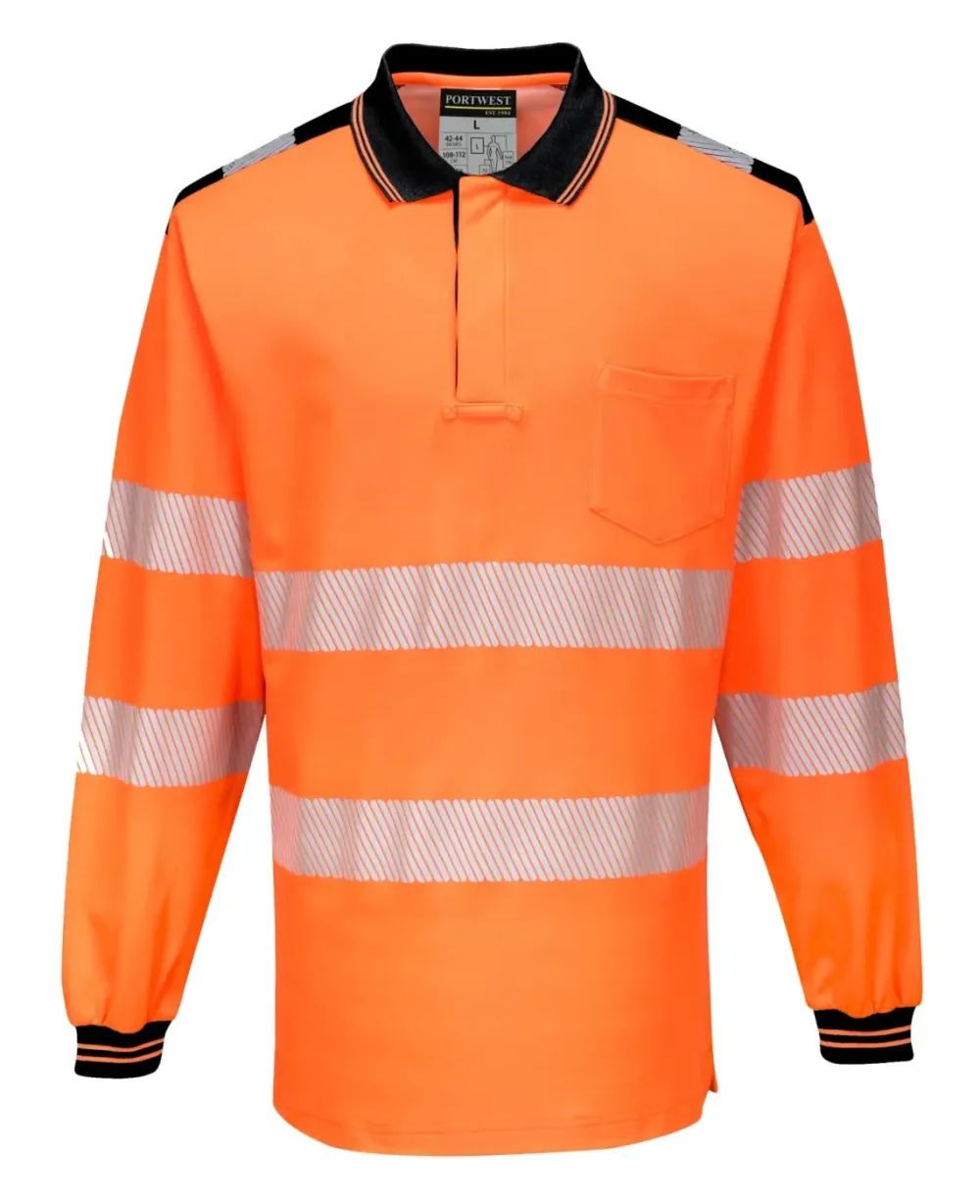 Portwest T184 PW3 Hi-Vis Poloshirt Langemouw Oranje/zwart voorkant