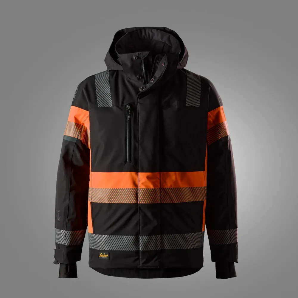 Snickers 1135 High-Vis Waterdichte Stretch Werkjas, Klasse 1 Zwart - High Vis Oranje voorkant