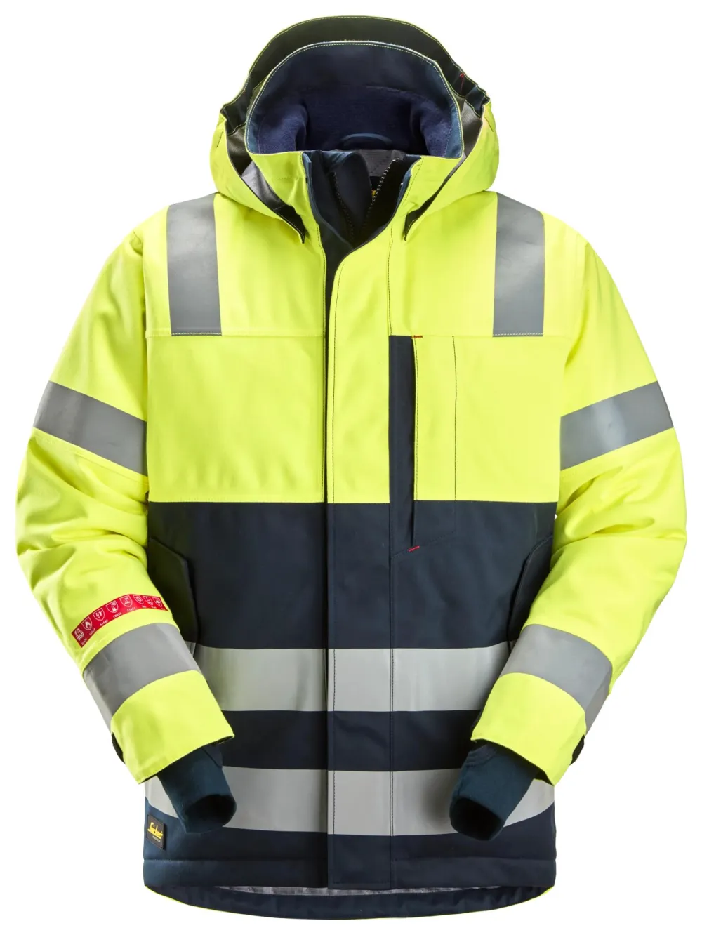 Snickers 1162 ProtecWork, High-Vis Klasse 3, Waterdichte Isolerende Werkjas met Capuchon High Vis Geel - Donker Blauw voorkant