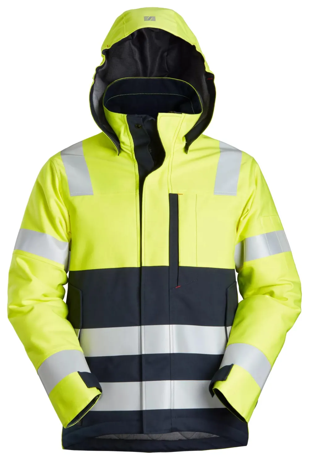 Snickers 1163 ProtecWork, Isolerend Jack met Capuchon High-Vis Geel - Donker Blauw voorkant