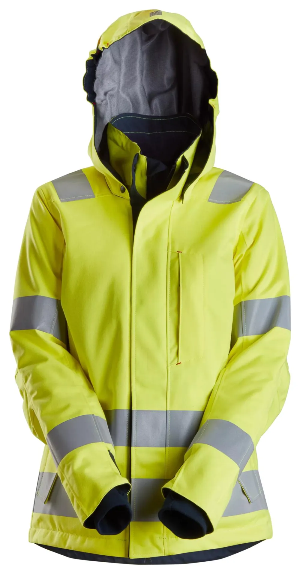 Snickers 1167 ProtecWork, Dames Waterdicht, Isolerend Jack met Capuchon, High-Vis Klasse 3 Geel, High Visibility - Donker Blauw voorkant