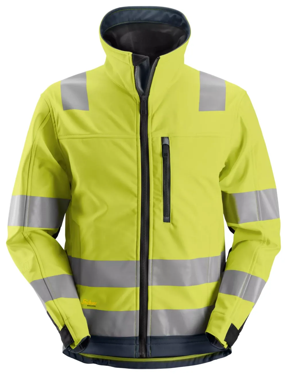 Snickers 1230 High-Vis, Softshell Werkjas Klasse 3 High Vis Geel - Donker Blauw voorkant