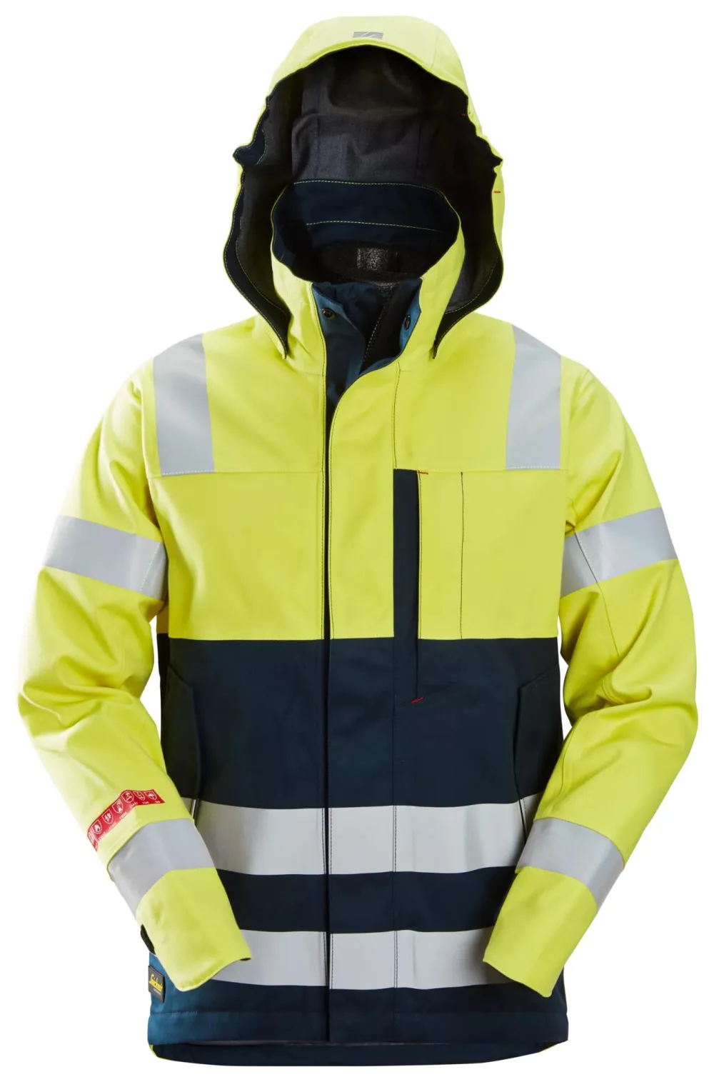 Snickers 1361 ProtecWork, Waterproof Shell Jack, High-Vis Klasse 3 Geel, High Visbility - Donker Blauw voorkant