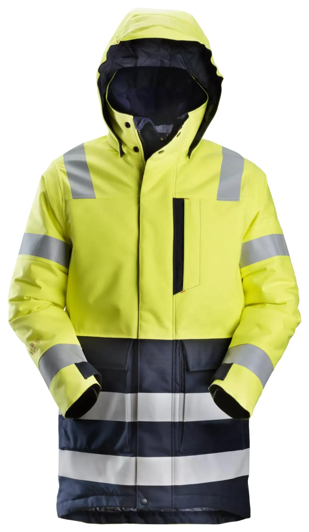 Snickers 1860 ProtecWork, Geïsoleerde Parka, High-Vis Klasse 3 High Vis Geel - Donker Blauw voorkant