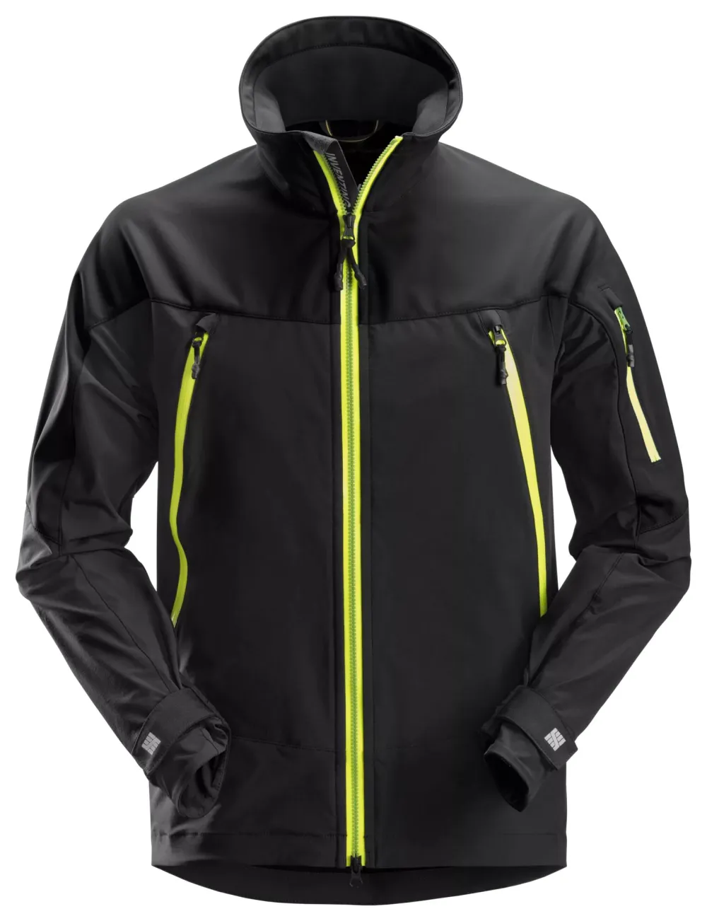 Snickers 1940 FlexiWork, Softshell Stretch Werkjas Zwart - Neon voorkant