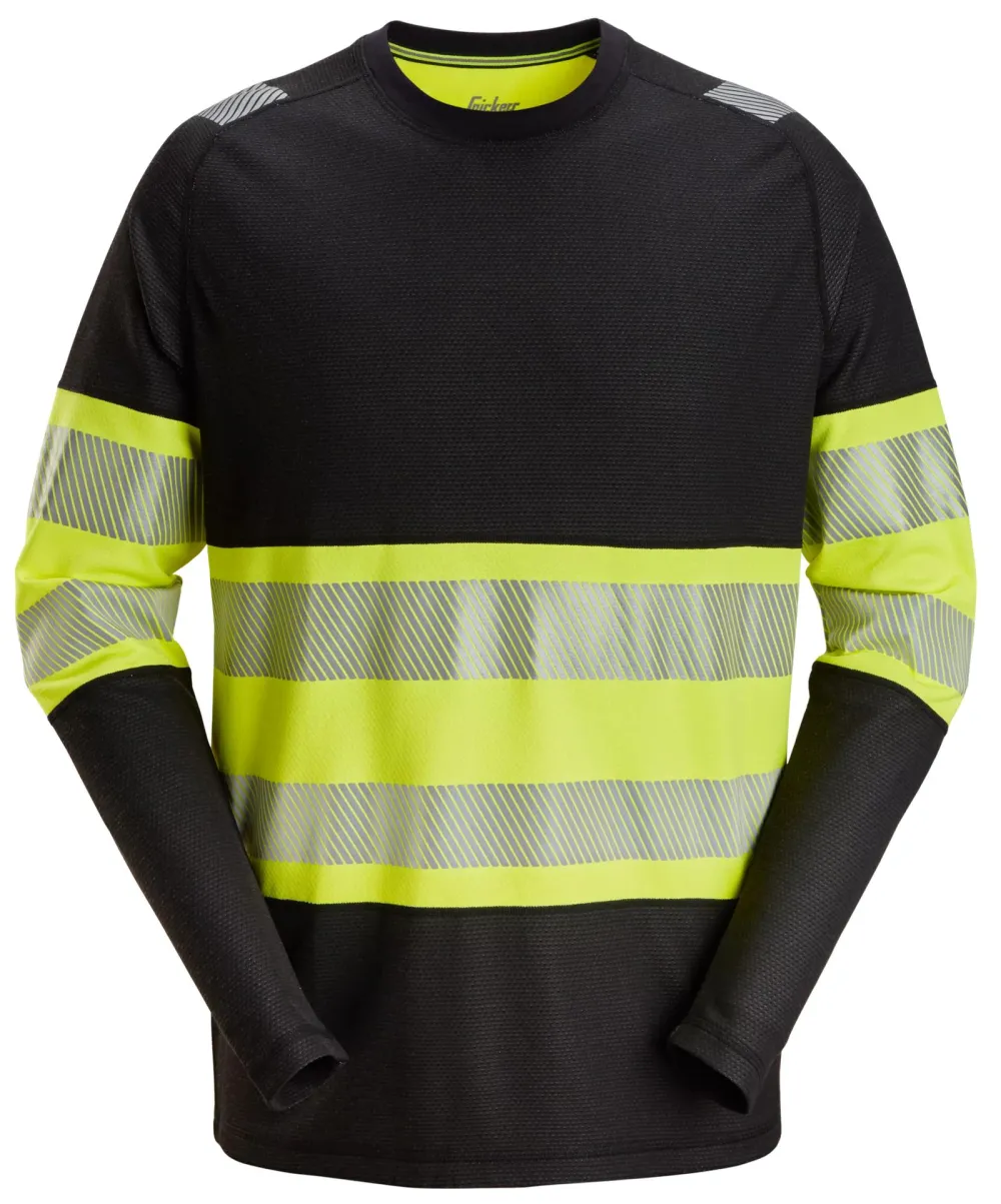Snickers 2430 High-Vis, T-Shirt met Lange Mouwen Klasse 1 Zwart - Geel, High Visibility voorkant