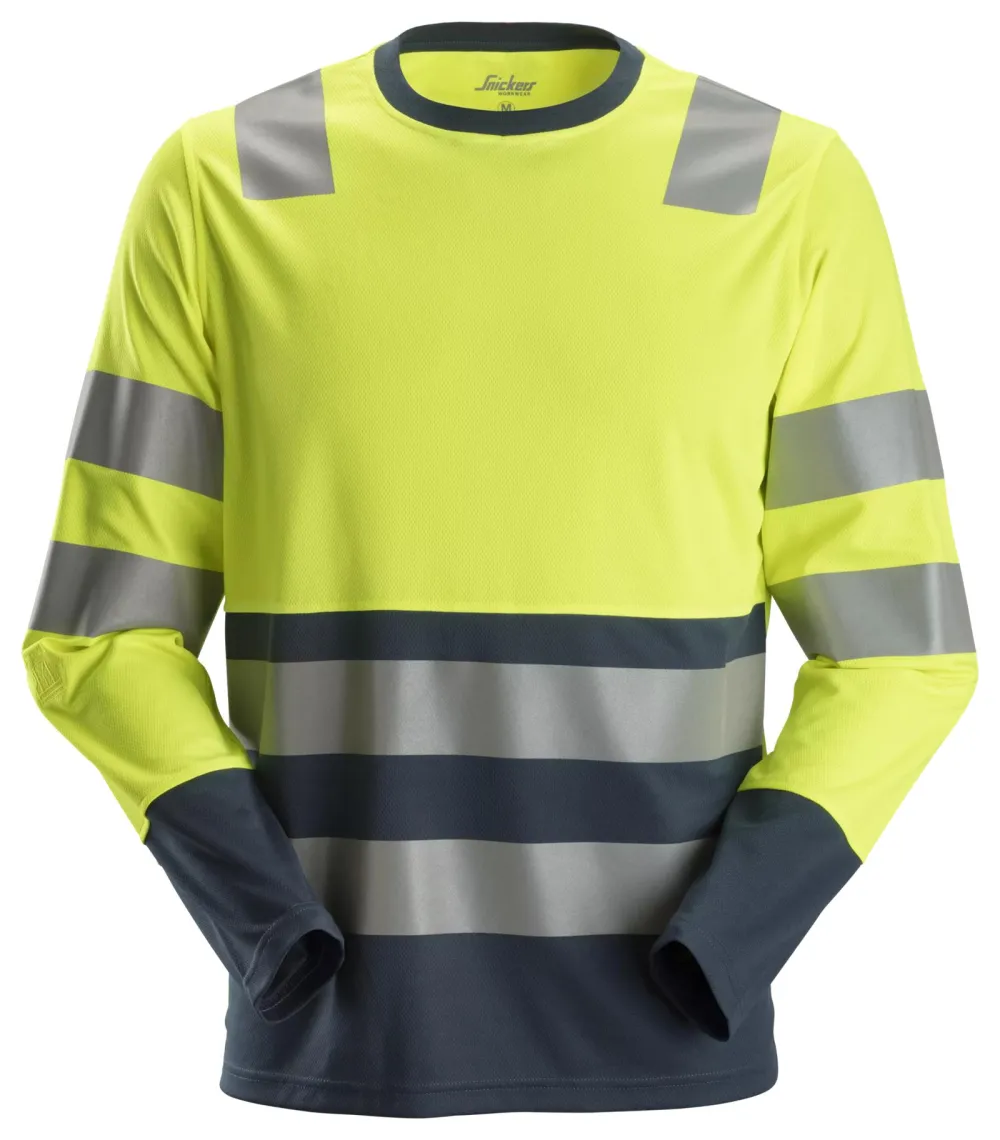 Snickers 2433 High-Vis, T-Shirt met Lange Mouwen Klasse 2 High-Vis Geel - Donker blauw voorkant