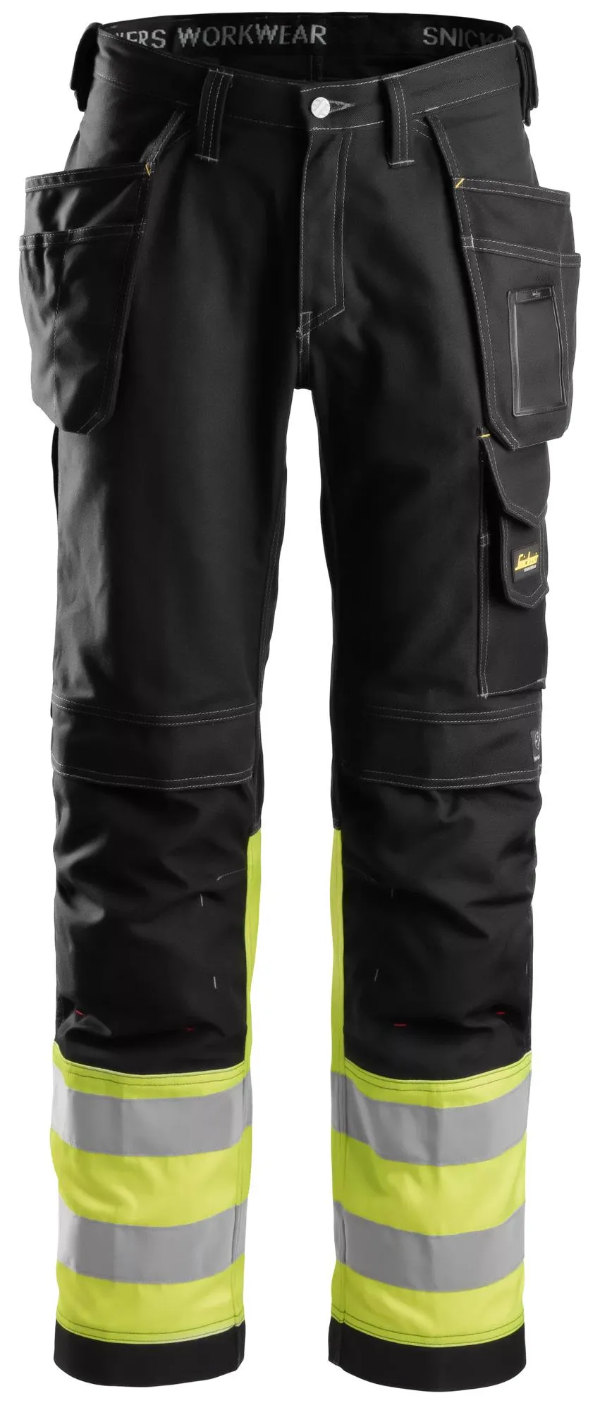 Snickers 3235 High-Vis, Katoenen Werkbroek met Holsterzakken, Klasse 1 Zwart - Geel, High Visibility voorkant