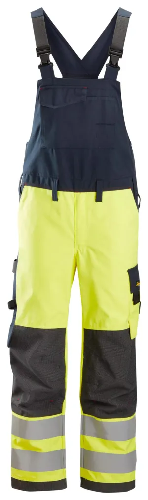 Snickers 6060 ProtecWork, High-Vis Klasse 2, Bib & Brace Werkbroek High-Vis Geel - Donker Blauw voorkant