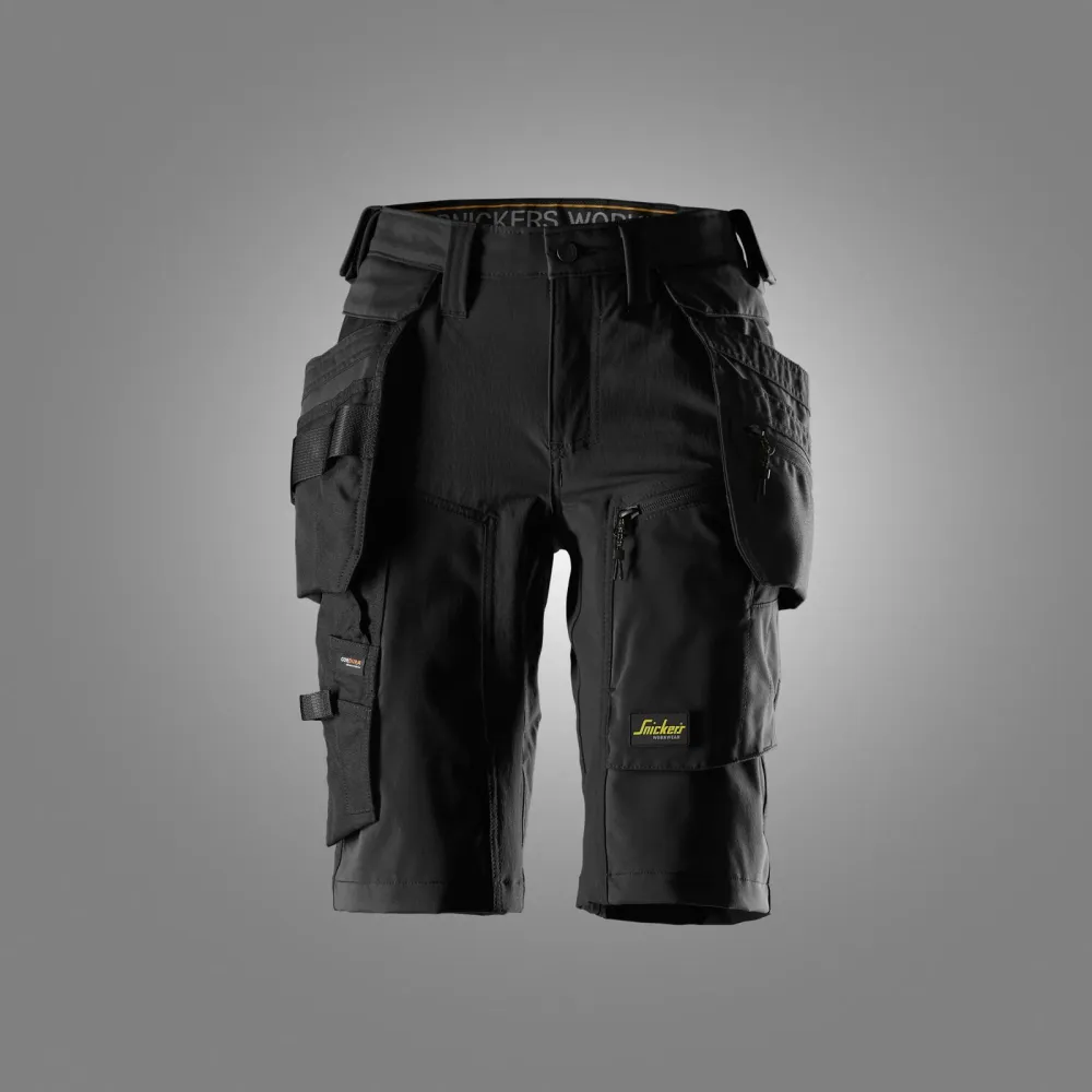 Snickers 6117 AllroundWork, Dames Stretch Werkshorts met Afneembare Holsterzakken Zwart - Zwart voorkant