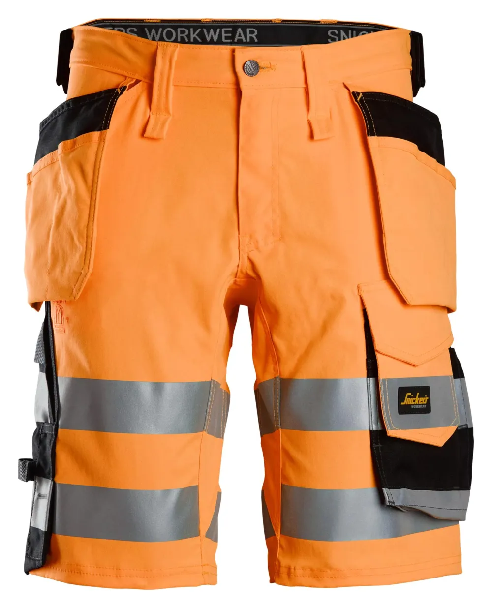 Snickers 6135 High-Vis, Klasse 1 Stretch Werkshorts met Holsterzakken Oranje, High Visibility - Zwart voorkant