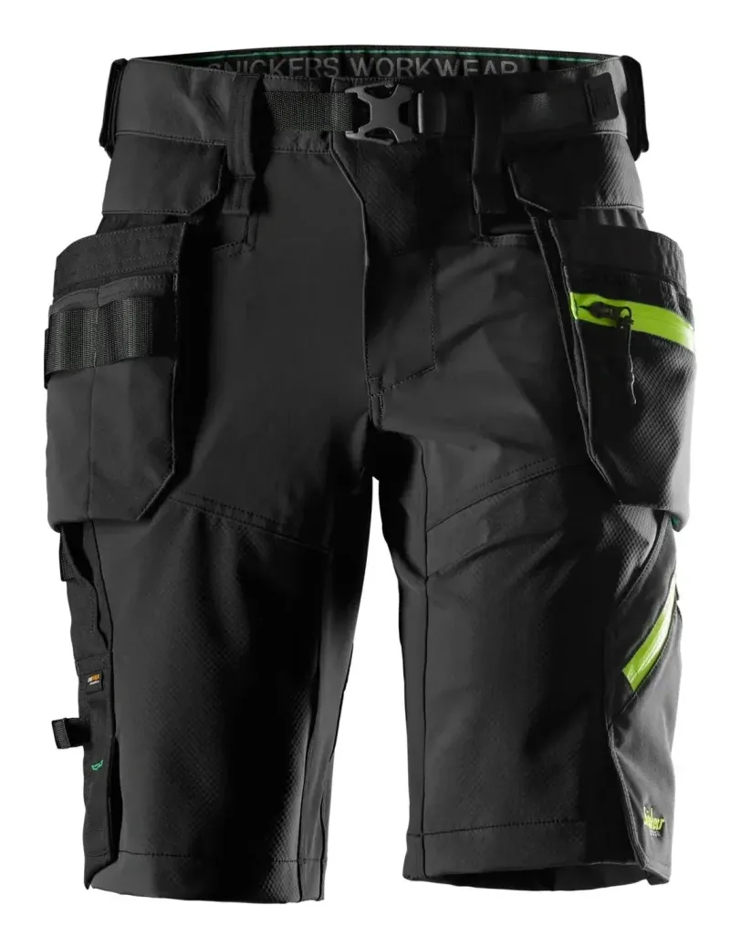Snickers 6140 FlexiWork, Stretch Werkshorts met Afneembare Holsterzakken Zwart - Neon Geel voorkant