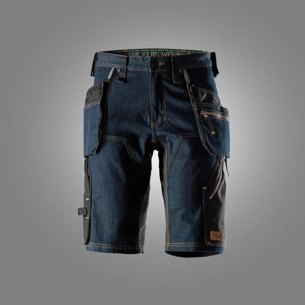 Snickers 6155 FlexiWork, Denim Werkshorts met Holsterzakken Denim - Zwart voorkant