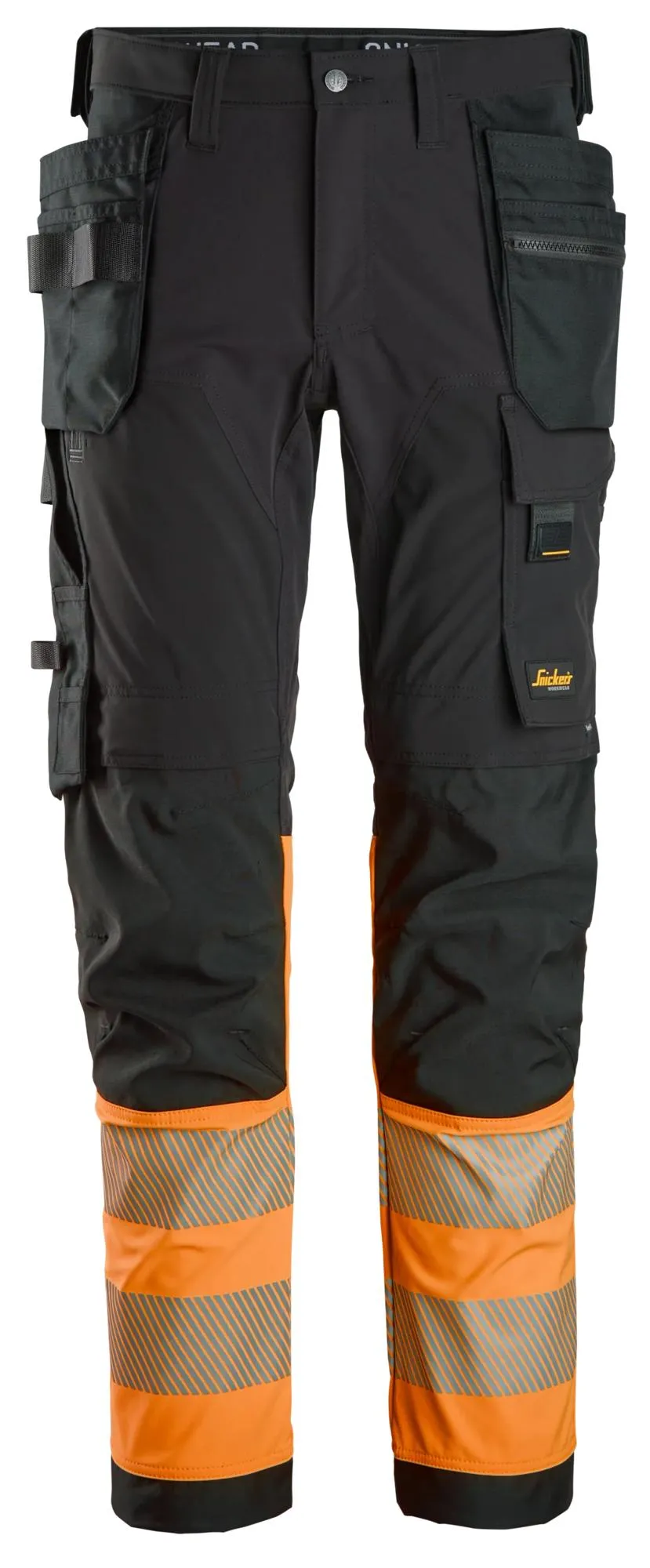 Snickers 6231 High-Vis, 4-Way Stretch Werkbroek met Holsterzakken Klasse 1 Zwart - High Vis Oranje voorkant
