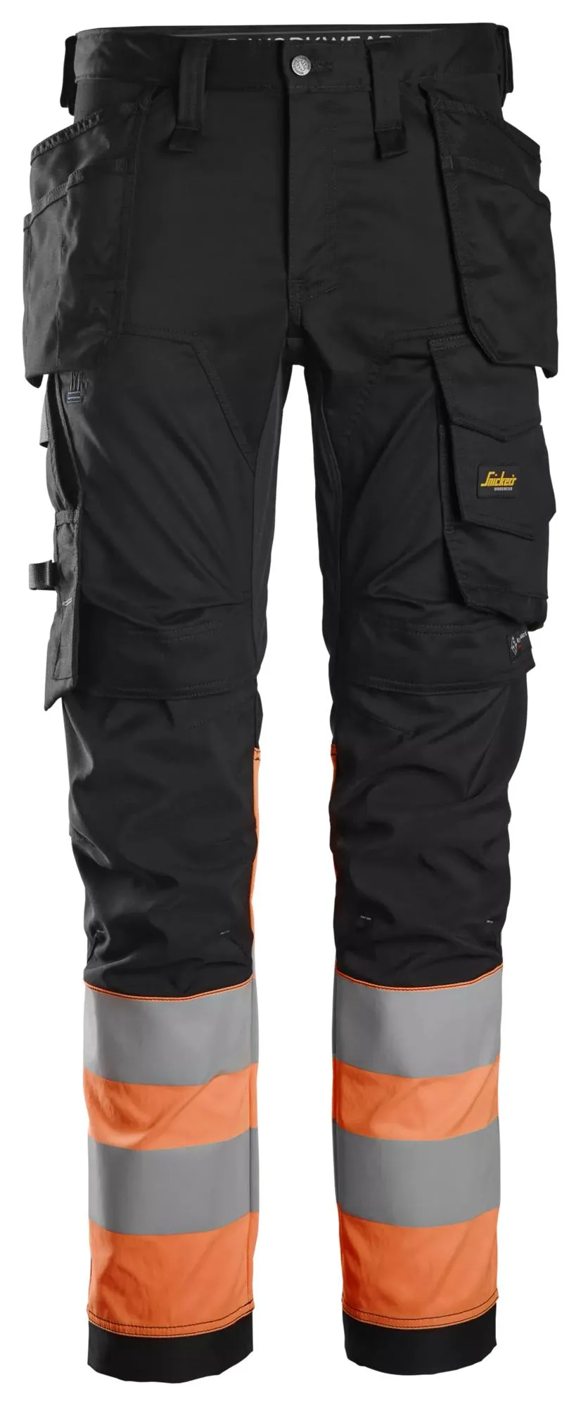 Snickers 6234 High-Vis, Stretchbroek met Holsterzakken Klasse 1 Zwart - High-Vis Oranje voorkant