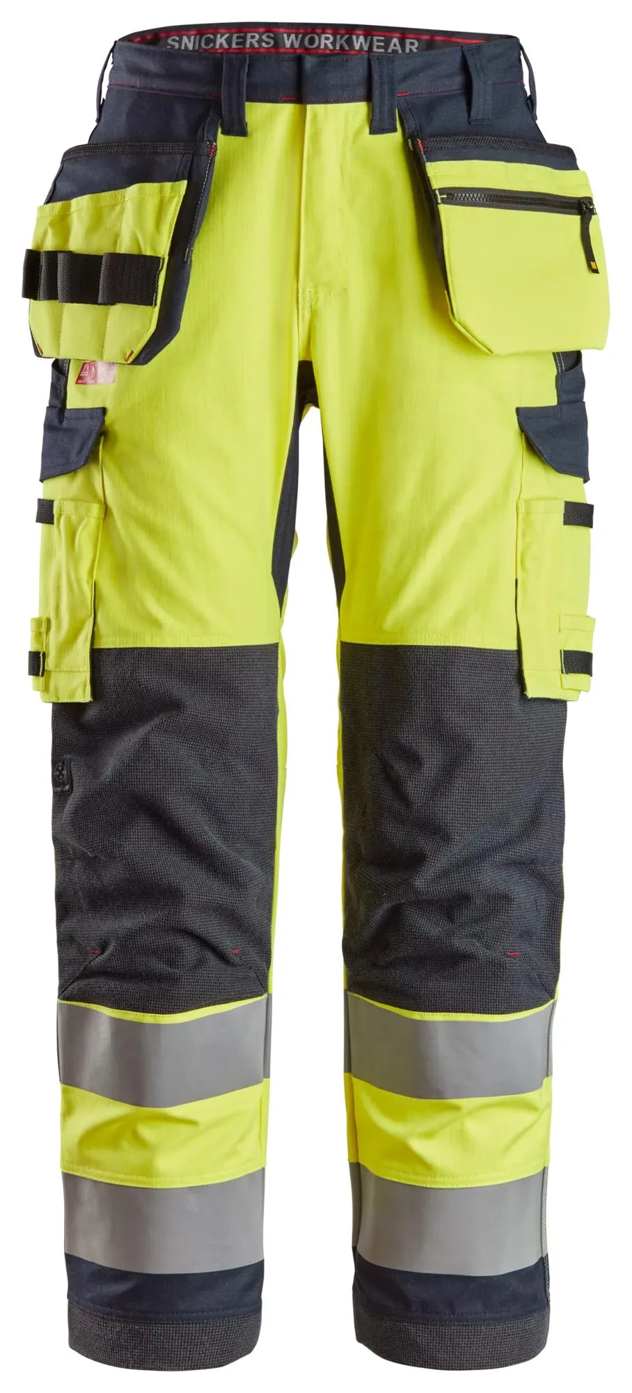 Snickers 6261 ProtecWork, High-Vis Klasse 2, Werkbroek met Holsterzakken en Symmetrische Beenzakken High-Vis Geel - Donker blauw voorkant