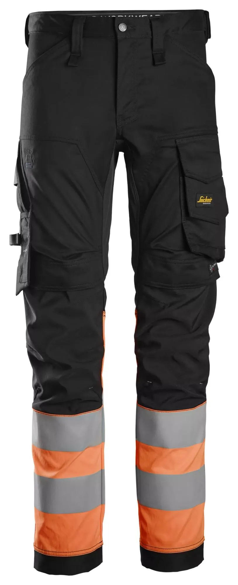 Snickers 6334 High-Vis, Stretch Werkbroek Klasse 1 Zwart - High Visibility Oranje voorkant