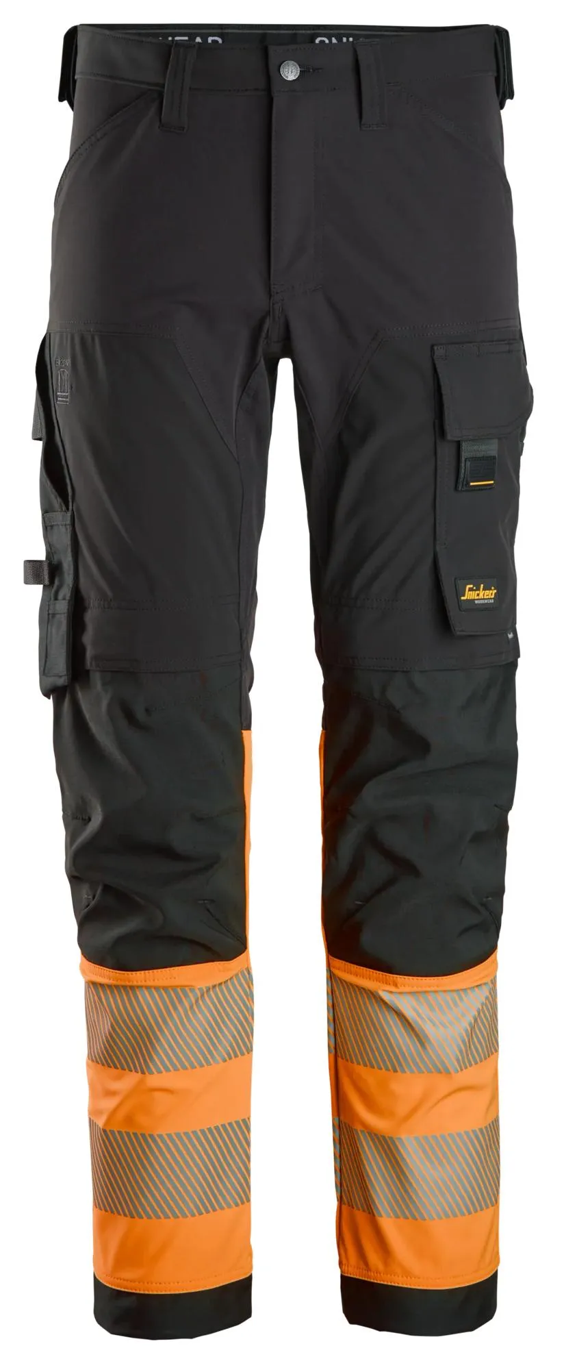 Snickers 6335 High-Vis, 4-Way Stretch Werkbroek Klasse 1 Zwart - High Vis Oranje voorkant