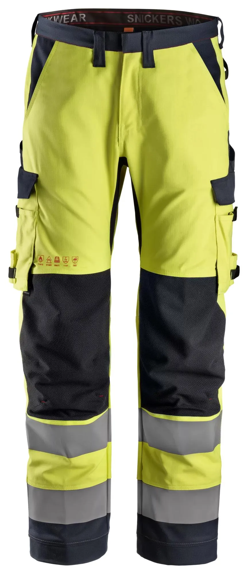 Snickers 6361 ProtecWork, Werkbroek met Symmetrische Zakken, High-Vis Klasse 2 High Vis Geel - Donker Blauw voorkant