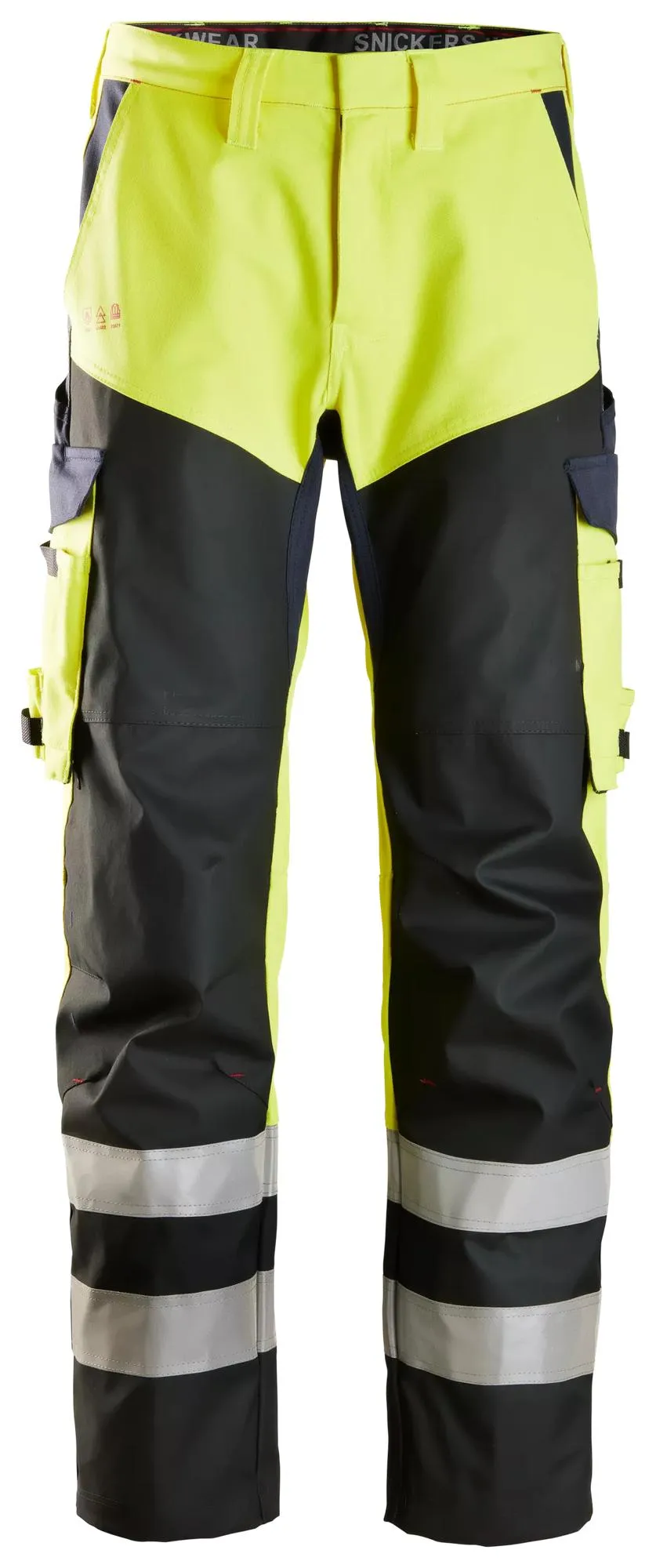 Snickers 6365 ProtecWork, High-Vis Klasse 1, Werkbroek met Verstevigd Voorbeen High-Vis Geel - Donker Blauw voorkant