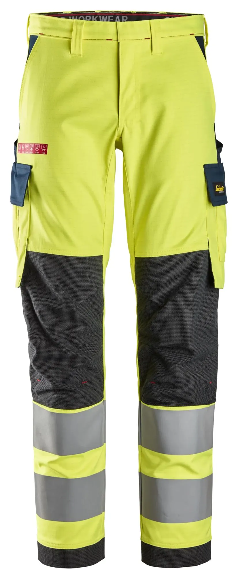 Snickers 6368 ProtecWork, High-Vis Klasse 2, Stretch Werkbroek High Vis Geel - Donker Blauw voorkant