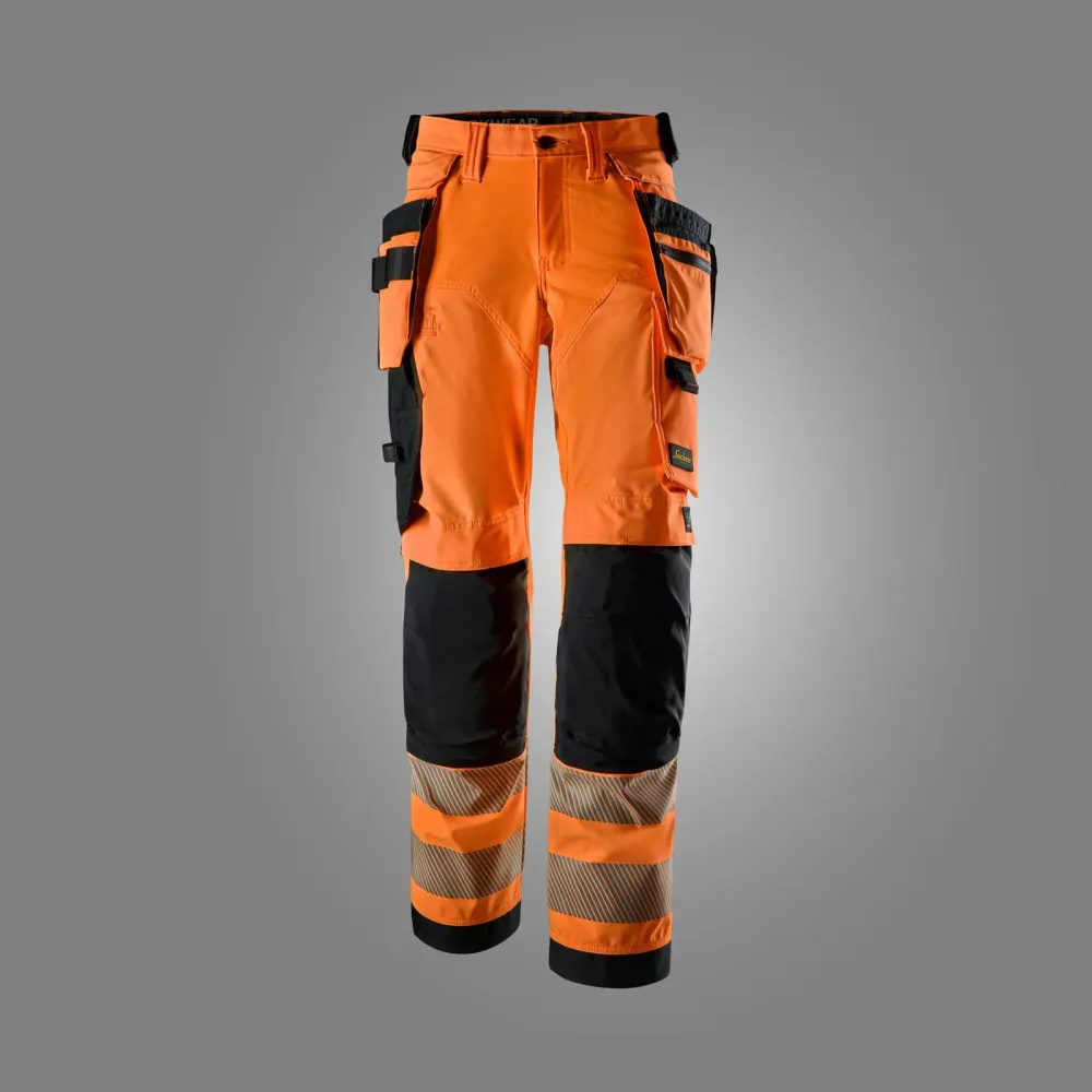Snickers 6732 High-Vis Stretch Dameswerkbroek met Afneembare Holsterzakken, Klasse 1/2 High Vis Oranje - Zwart voorkant