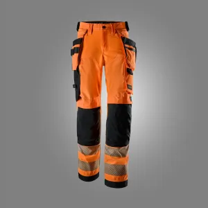 Snickers 6732 High-Vis Stretch Dameswerkbroek met Afneembare Holsterzakken, Klasse 1/2 High Vis Oranje - Zwart voorkant