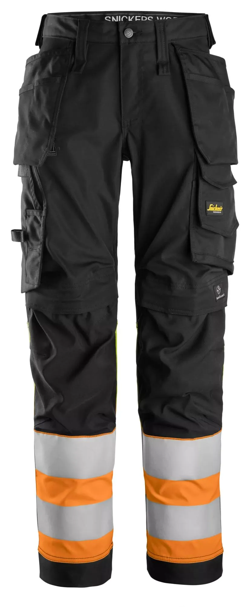 Snickers 6734 High-Vis, Dames Stretch Werkbroek met Holsterzakken Klasse 1 Zwart - Oranje, High Visibilty voorkant