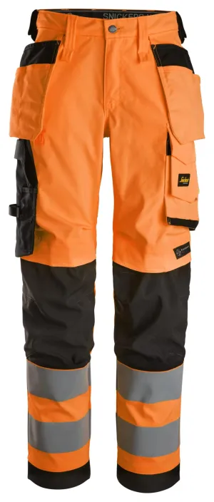 Snickers 6743 High-Vis, Dames Stretch Werkbroek met Holsterzakken Klasse 2 High Visibility Oranje - Zwart voorkant