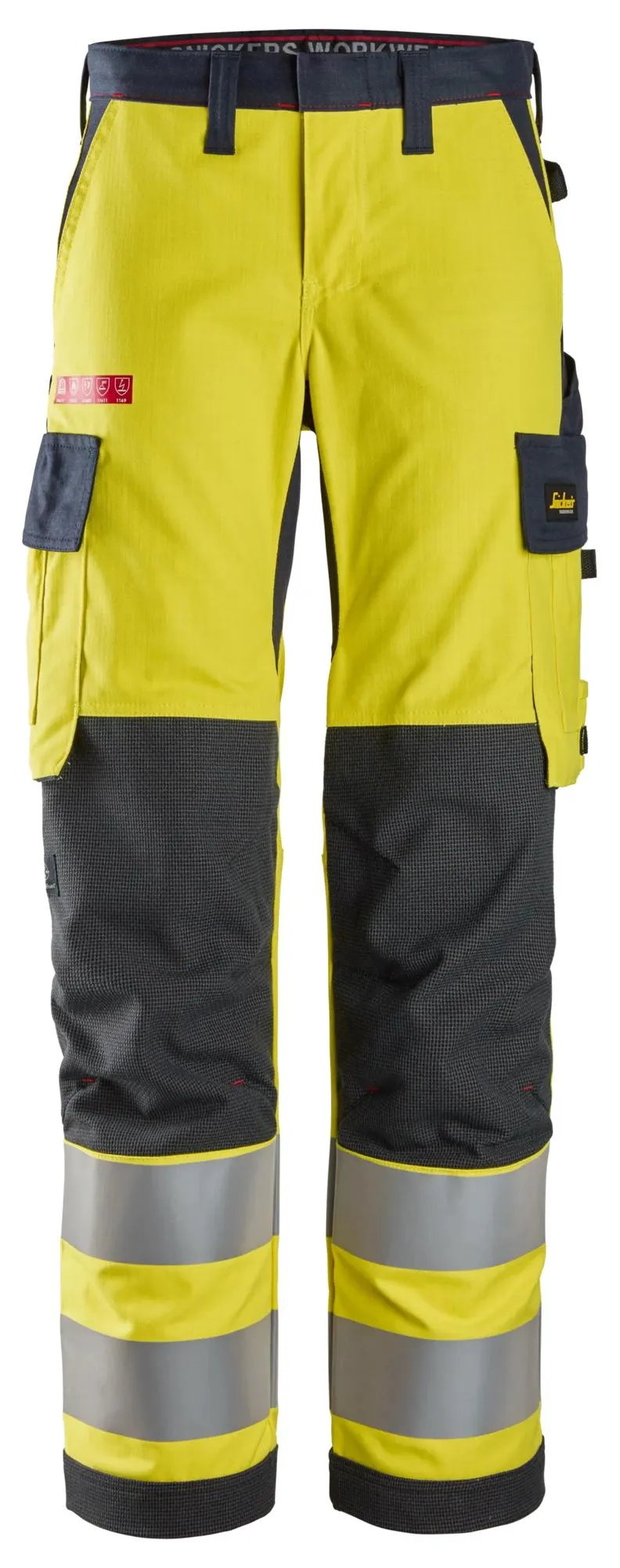 Snickers 6760 ProtecWork, High-Vis Klasse 2, Dameswerkbroek High-Vis Geel - Donker Blauw voorkant