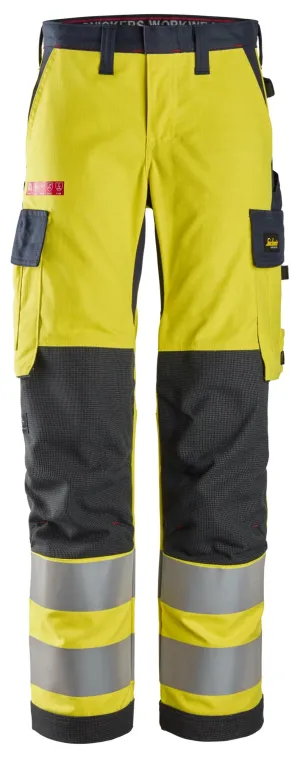 Snickers 6760 ProtecWork, High-Vis Klasse 2, Dameswerkbroek High-Vis Geel - Donker Blauw voorkant