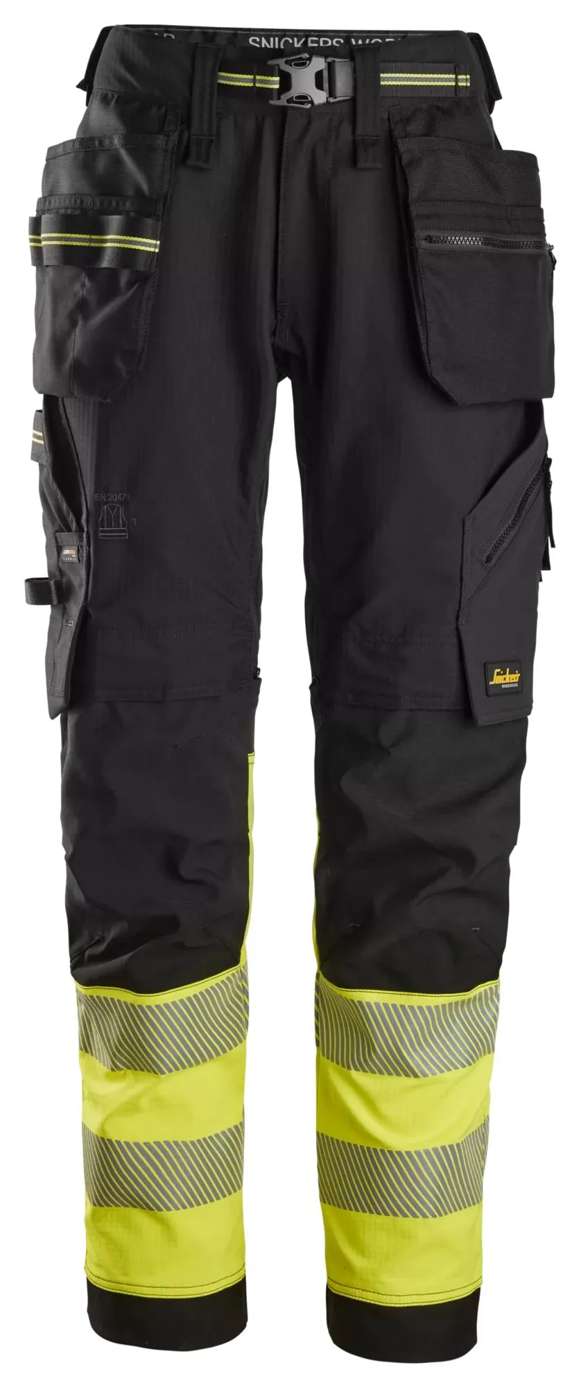 Snickers 6934 High-Vis, Stretch Werkbroek met Holsterzakken Klasse 1 Zwart - High Visibility Geel voorkant