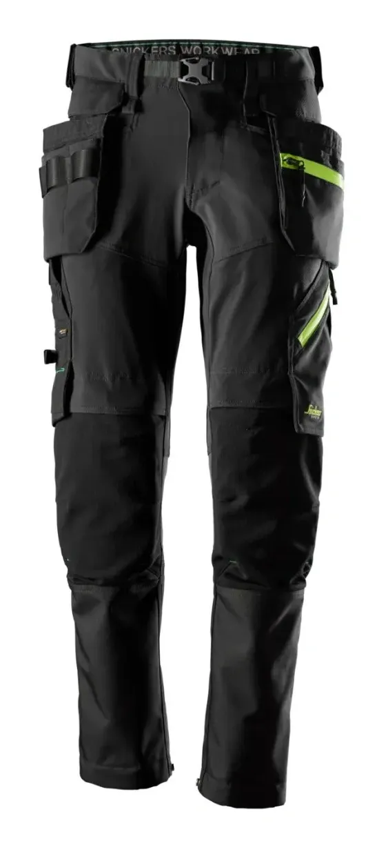 Snickers 6940 FlexiWork, Softshell Stretch Werkbroek met Afneembare Holsterzakken Zwart - Neon voorkant
