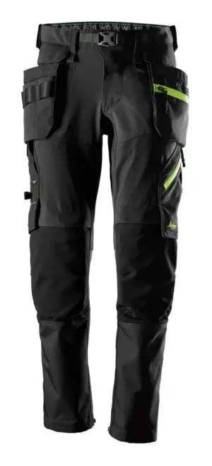 Snickers 6940 FlexiWork, Softshell Stretch Werkbroek met Afneembare Holsterzakken Zwart - Neon voorkant