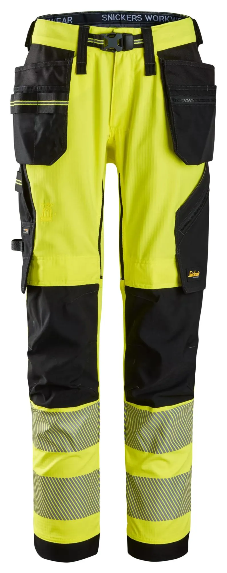 Snickers 6943 High-Vis, Stretch Werkbroek met Holsterzakken Klasse 2 High Visibility - Zwart Geel voorkant