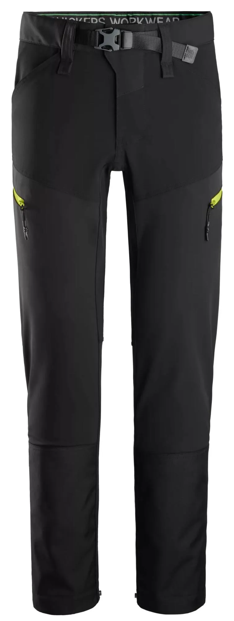 Snickers 6948 FlexiWork, Softshell Stretch Werkbroek Zwart -Neon Geel voorkant