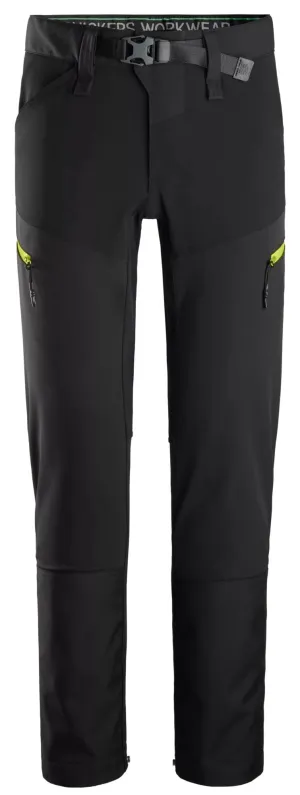 Snickers 6948 FlexiWork, Softshell Stretch Werkbroek Zwart -Neon Geel voorkant