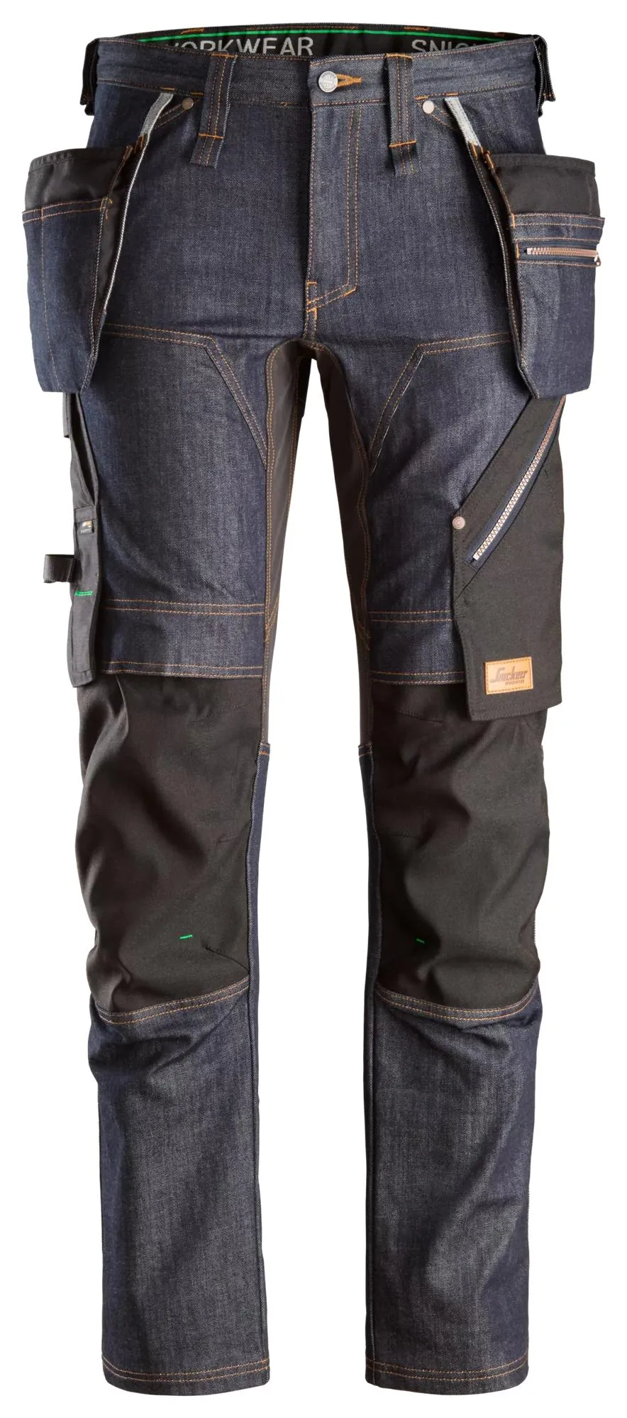 Snickers 6955 FlexiWork, Denim Werkbroek+ met Holsterzakken Denim blauw - Zwart voorkant