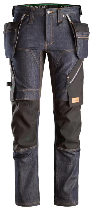 Snickers 6955 FlexiWork, Denim Werkbroek+ met Holsterzakken Denim blauw - Zwart voorkant