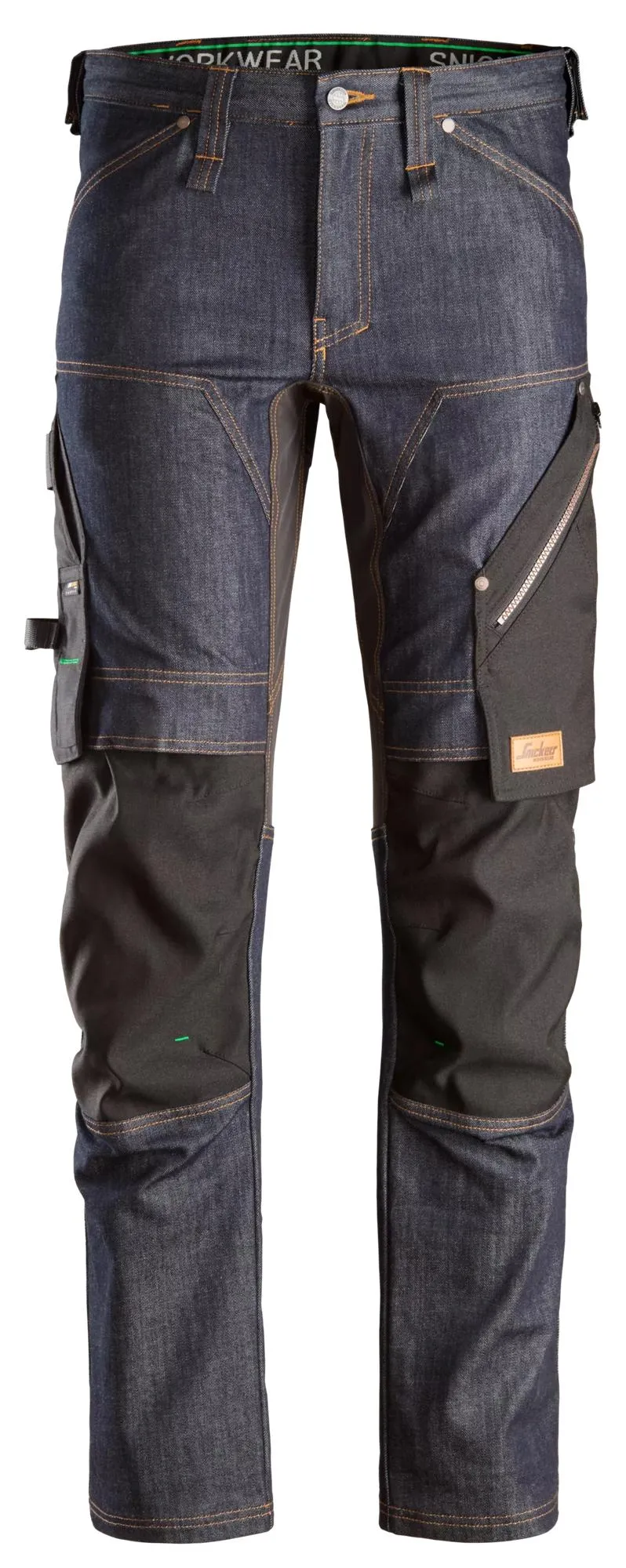 Snickers 6956 FlexiWork, Denim Werkbroek+ Denim blauw - Zwart voorkant