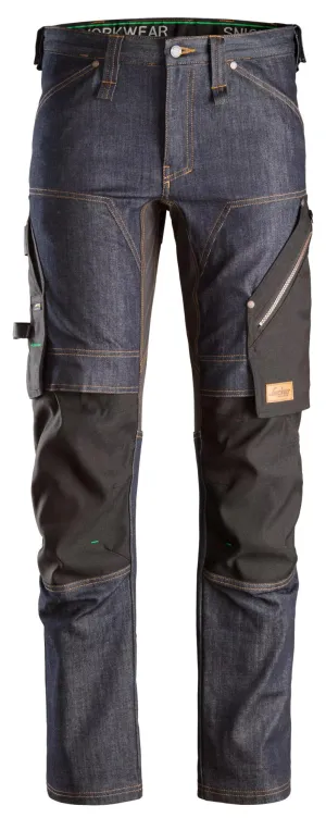 Snickers 6956 FlexiWork, Denim Werkbroek+ Denim blauw - Zwart voorkant