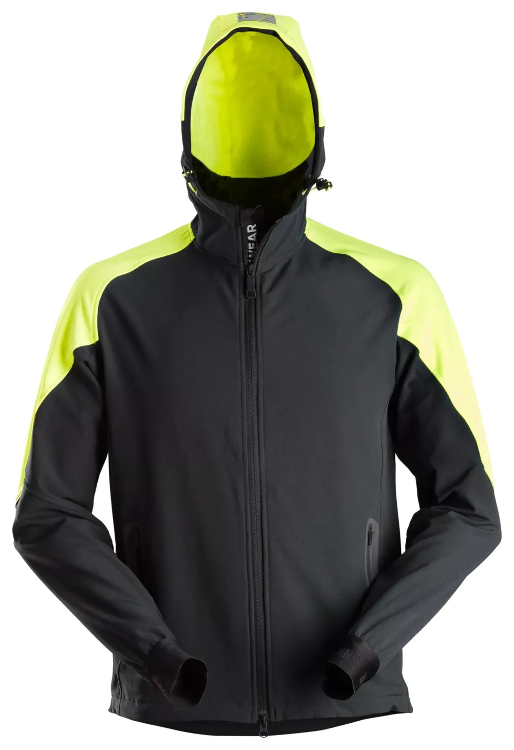 Snickers 8025 FlexiWork, Neon Hoodie met Rits Zwart - Neon Geel voorkant