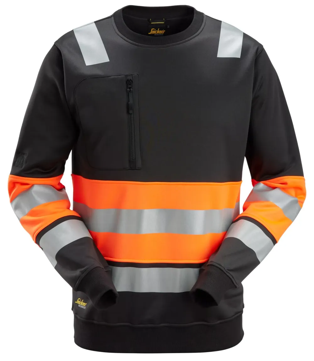 Snickers 8031 High-Vis, Sweatshirt Klasse 1 Zwart - High Visibility Oranje voorkant
