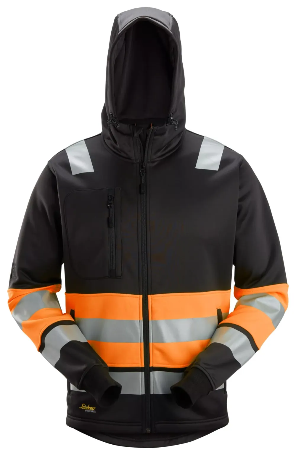 Snickers 8038 High-Vis, Hoodie met Rits Klasse 1 Zwart - High Visibility Oranje voorkant