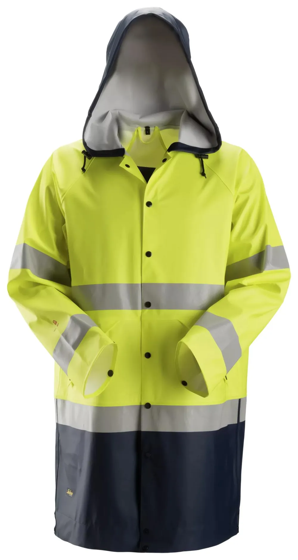 Snickers 8261 ProtecWork, Regenjack PU, High-Vis Klasse 3 High Vis Geel - Donker Blauw voorkant