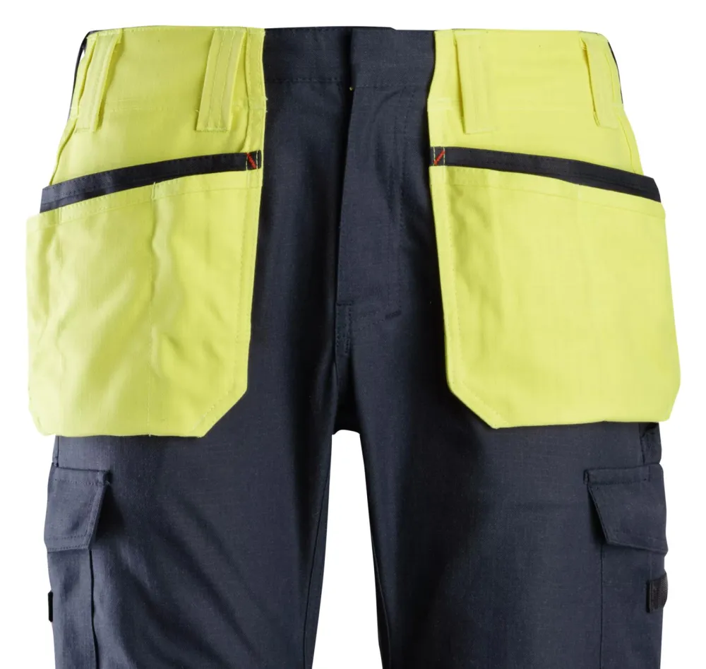 Snickers 9793 ProtecWork, bevestigde holsterzakken High Vis Geel - Donker Blauw voorkant